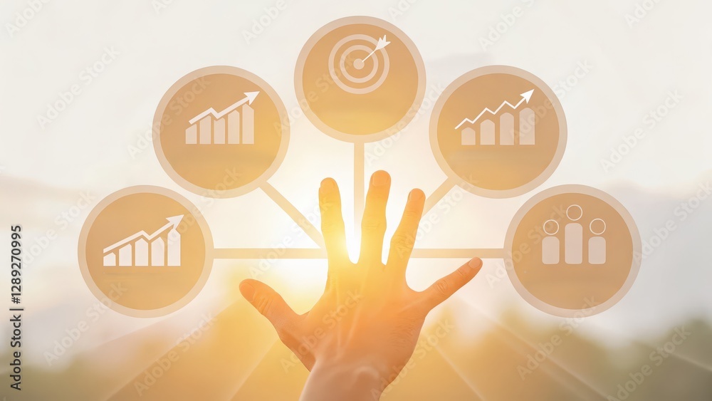 Dynamic Hand Reaching Out with Radiant Holographic Icons Signifying Growth and Success in a Bright Background