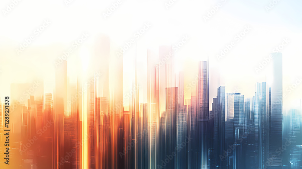 A digital city with skyscrapers fading into vertical light beams, creating a holographic, tech-driven urban landscape. Metropolis of Light Beams. Illustration A digital city with skyscrapers fading into vertical light beams, creating a holographic, tech-driven urban landscape. Metropolis of Light Beams. Illustration