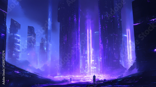 Blue and purple neon lights, misty metallic background, scifi city. Metropolis of Light Beams. Illustration