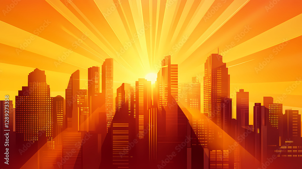 Fototapeta premium Golden hour skyscrapers: a city's majestic sunrise. Metropolis of Light Beams. Illustration