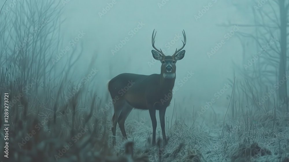 A majestic deer stands in a misty forest, its antlers prominent against a muted blue-green background. The scene evokes a sense of mystery and A majestic deer stands in a misty forest, its antlers prominent against a muted blue-green background. The scene evokes a sense of mystery and