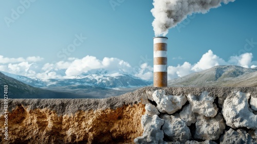 Industrial chimney emitting smoke over rocky landscape with mountains in background