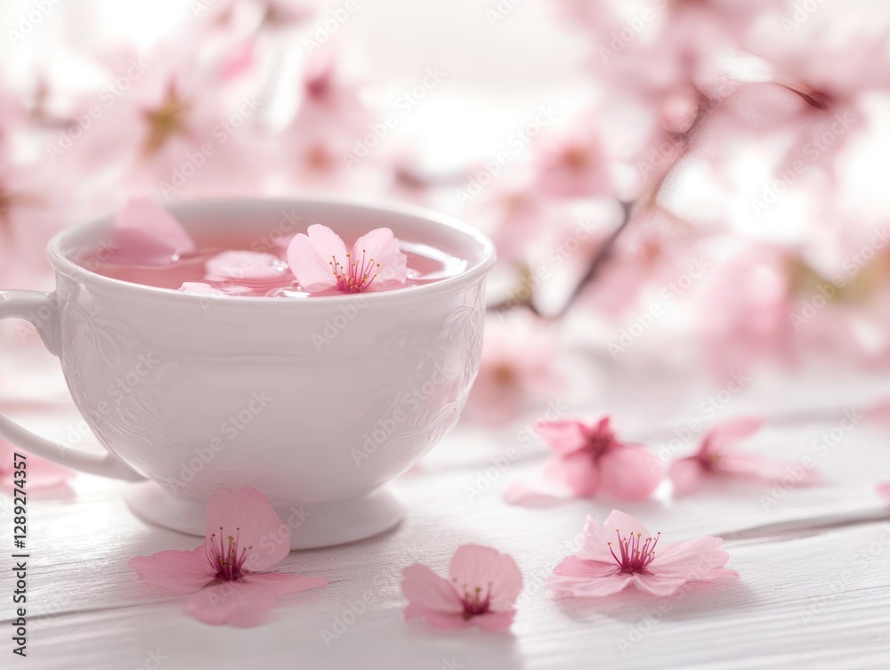 Elegant sakura infused tea in delicate cup on wooden table for serene tea time experience Elegant sakura infused tea in delicate cup on wooden table for serene tea time experience