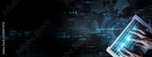 Customer Support: Businessman analyzes data for performance and response time, issue resolution, customer satisfaction, support efficiency, ticket tracking, and service quality.