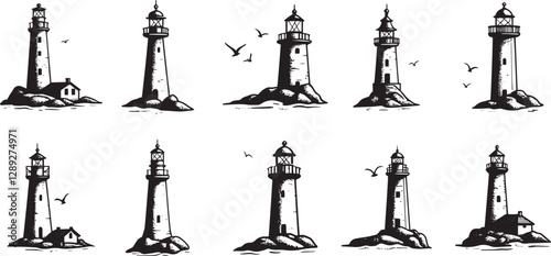 Sihluette of lighthouse Vector object for design, icons set logo black light ocean sea light house silhouettes vector illustration