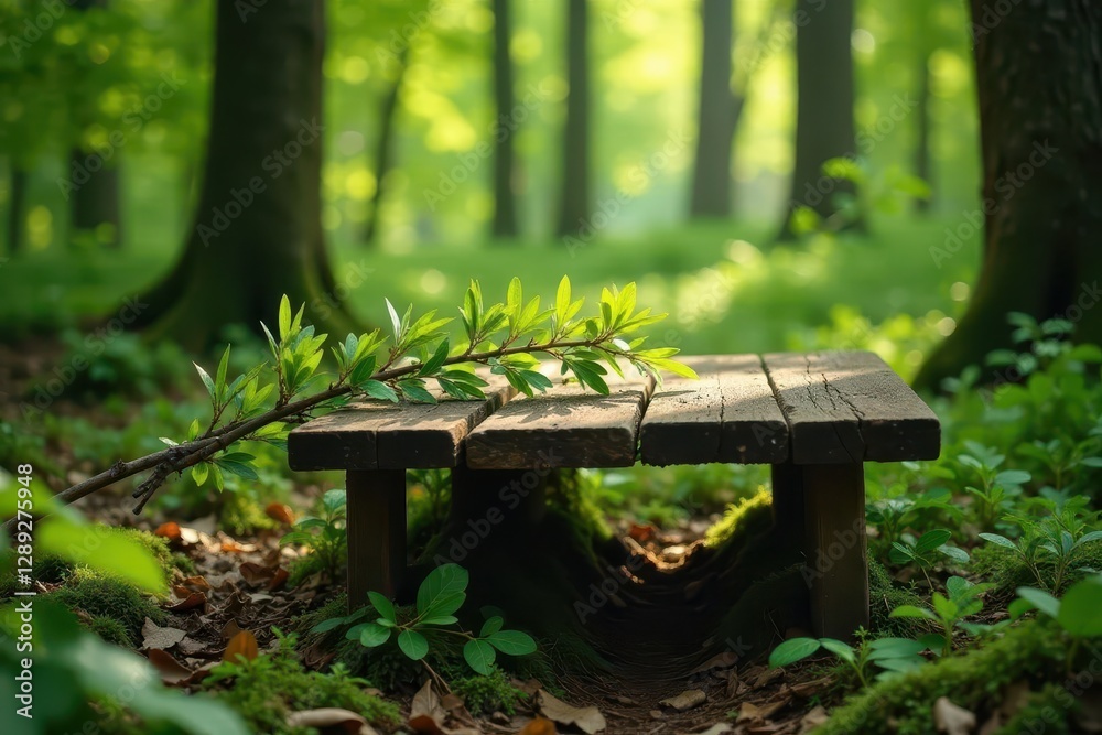 A few willow branches lay across a weathered wooden table in the woods undergrowth, table, trees, forest A few willow branches lay across a weathered wooden table in the woods undergrowth, table, trees, forest