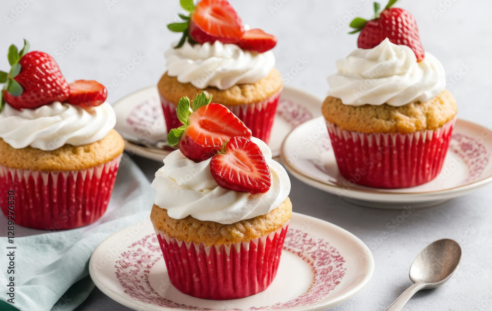A close-up of strawberry cupcakes with whipped cream and fresh strawberries on top A close-up of strawberry cupcakes with whipped cream and fresh strawberries on top
