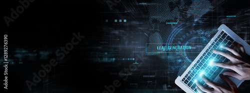 Lead Generation: Businessman data analysis for performance and customer acquisition, conversion rates, marketing strategies, targeted outreach, ROI, and sales funnel optimization.