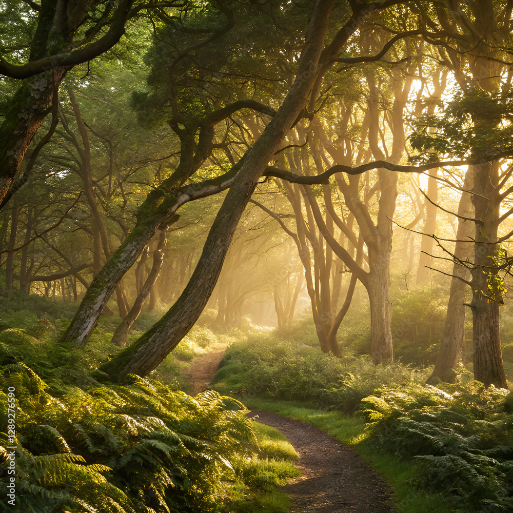 Fototapeta premium golden rays cascade through verdant tapestry of a lush woodland, casting ethereal patterns of luminescence upon enchanted forest floor