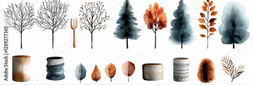 Collection of watercolor element and decoration for website design, floral decor on a white background