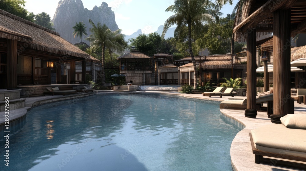 Relaxing retreat by the serene water area surrounded by lush greenery and tranquil mountains Relaxing retreat by the serene water area surrounded by lush greenery and tranquil mountains