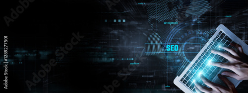 SEO (Search Engine Optimization): Businessman data analysis for performance and keyword ranking, backlink strategy, site speed, content optimization, user experience, and conversion rate. photo