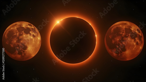 Lunar eclipse photo series. Stunning changes in moon phases. Ultra realistic lunar eclipse visuals. Captivating celestial transformations in each image.