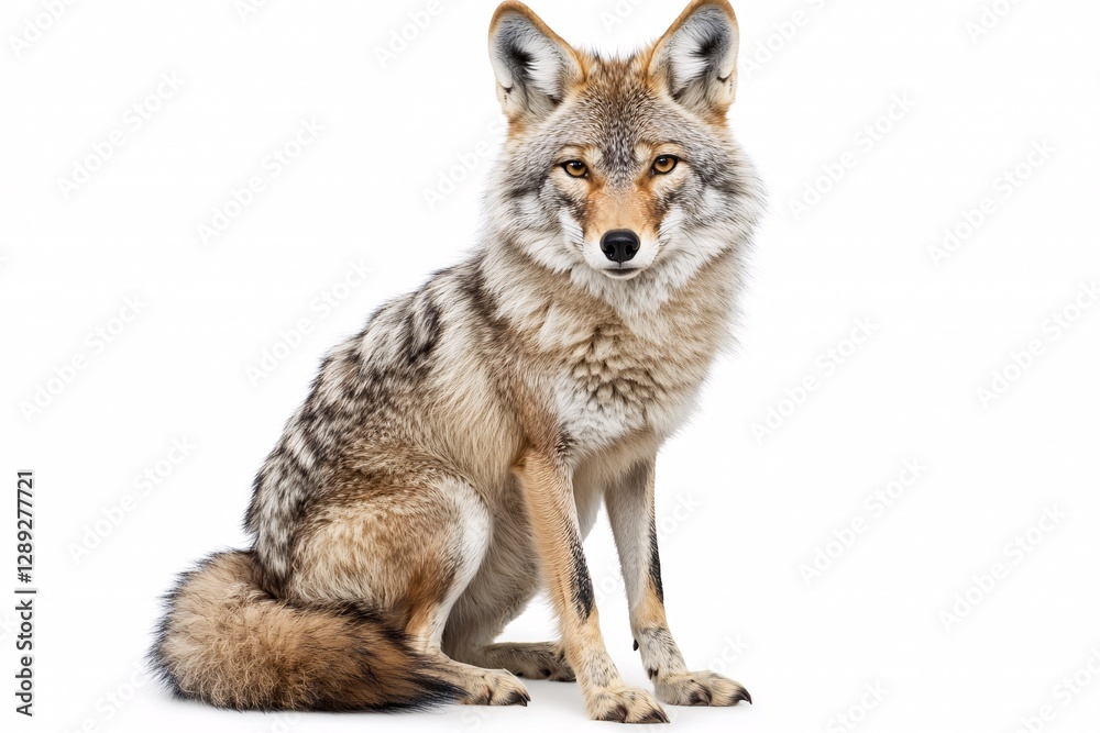 Fototapeta premium Lone Coyote Displaying Intact Winter Coat on White