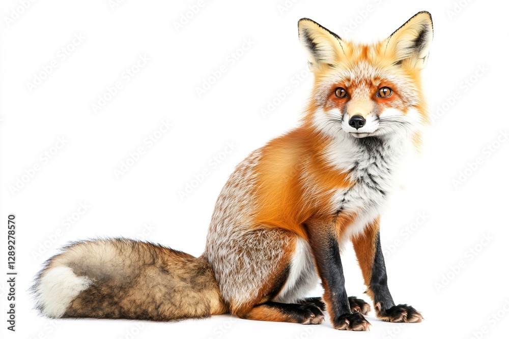 Obraz premium Red fox with fluffy tail sitting gracefully against a white backdrop