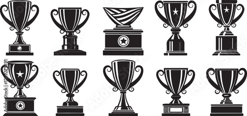 Trophy cup icon cullection vector set sketch of trophys. Victory symbol. Flat graphic illustrations isolated on white background