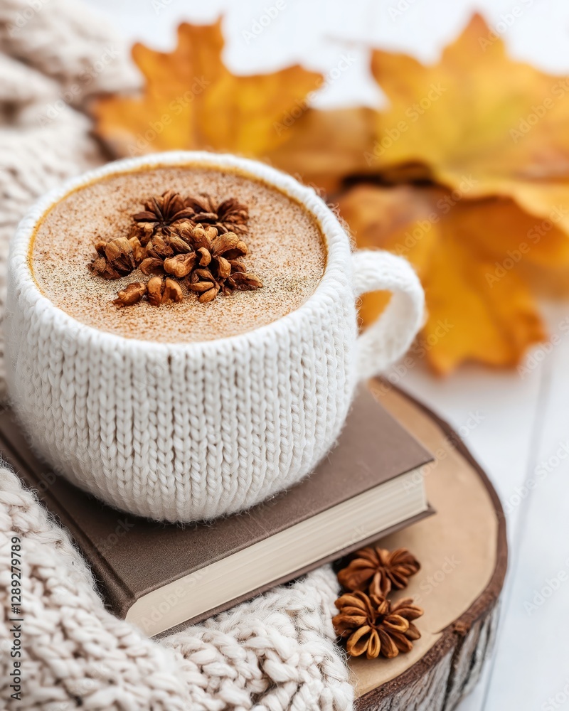 Cozy autumn afternoon with warm knit sweater, hot apple cider, and a book on a wooden bench Cozy autumn afternoon with warm knit sweater, hot apple cider, and a book on a wooden bench