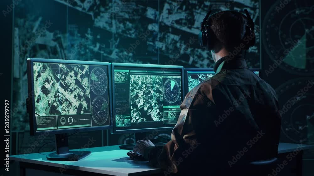 Military soldier operating advanced technology in a command center. Military soldier operating advanced technology in a command center.