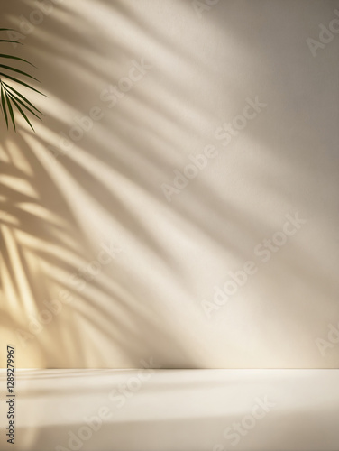 Minimalistic light background with blurred foliage shadow on beige wall