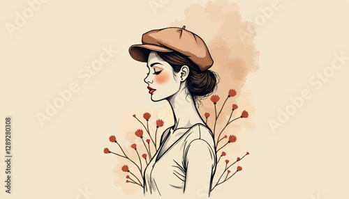 Woman in Newsboy Cap Profile with Delicate Red and Orange Floral Background