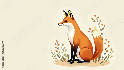 Red Fox Sitting Elegantly Amidst Stylized Autumnal Flora with Serene Minimalist Aesthetic