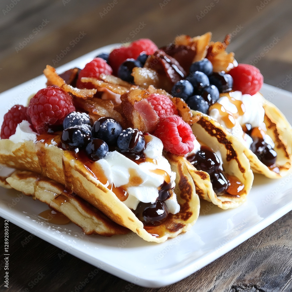 Gourmet waffle topped with fresh berries and cream for breakfast food photography Gourmet waffle topped with fresh berries and cream for breakfast food photography