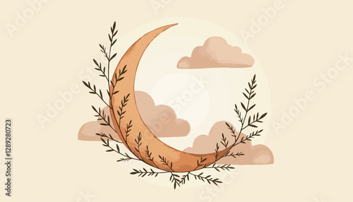 Minimalist Crescent Moon Illustration with Delicate Botanical Elements in Muted Earth Tones