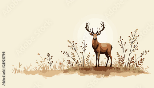 Majestic Stag Standing Amidst Wildflowers in Minimalist Natural Landscape Illustration
