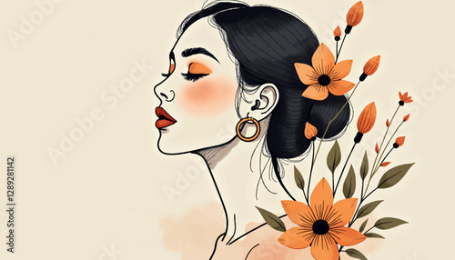 Serene Woman Profile with Elegant Orange Flower Illustration in Modern Artistic Style