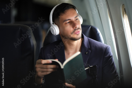 Handsome business man thinking something in airplane cabin during flight sitting near window. holding a book and wearing headphone.
