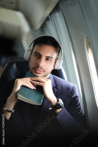 Handsome business man thinking something in airplane cabin during flight sitting near window. holding a book and wearing headphone.