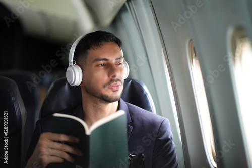 Handsome business man thinking something in airplane cabin during flight sitting near window. holding a book and wearing headphone.
