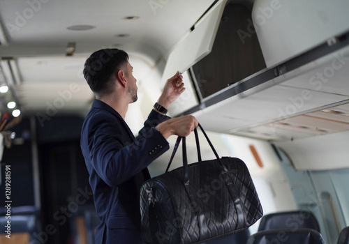 Handsome business man in cabin during flight. putting luggage into baggage compartment on the airplane.