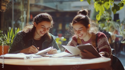 Friends laughing while revising notes in sunny cafe