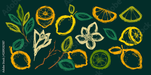 Set of Hand Drawn Delicious Lemons. Colorful grunge abstract lemon collection with bold outline and texture. Clipart juicy food in doodle style 