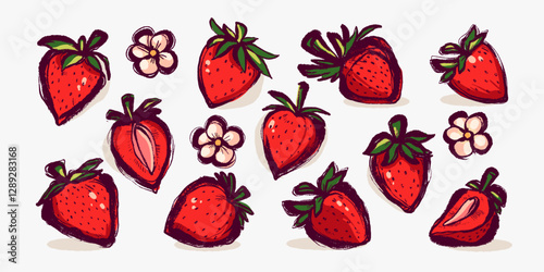 Collection of Hand Drawn Strawberries. Colorful grunge abstract strawberry fruits with bold outline and texture. Clipart juicy food in doodle style 