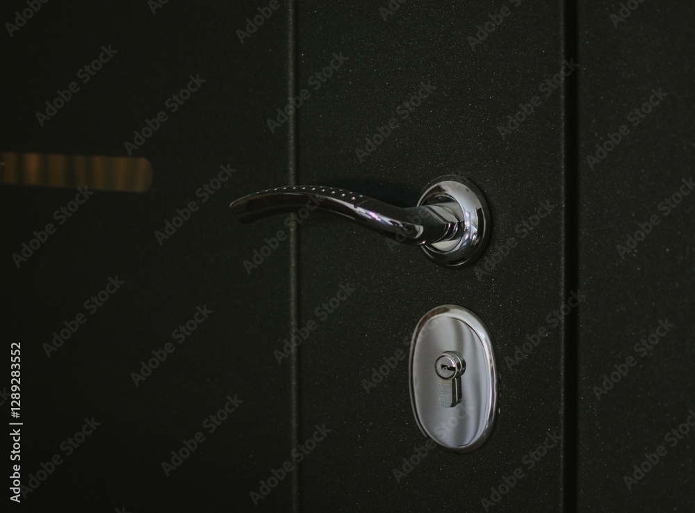 Metal entrance door with an iron lock for closing with a key close-up Metal entrance door with an iron lock for closing with a key close-up