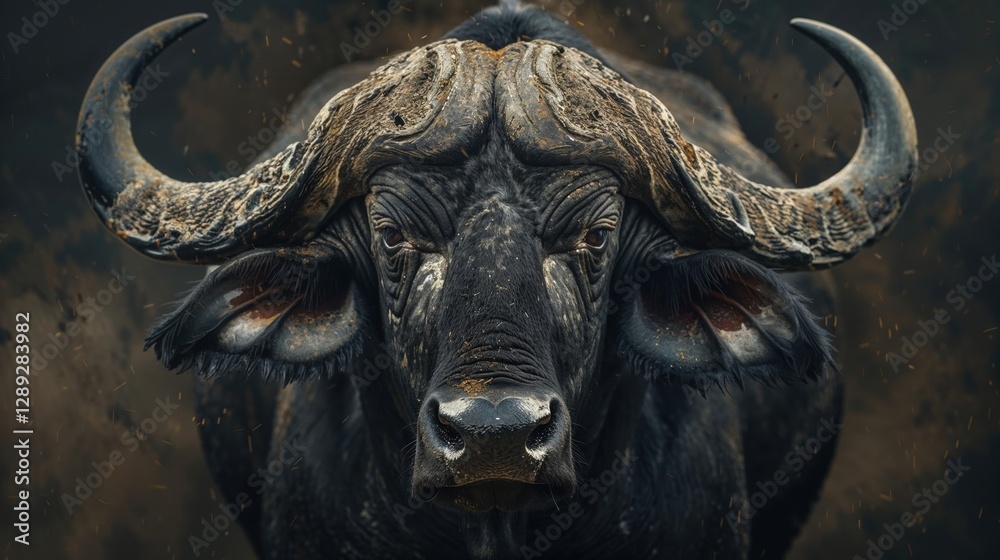 Naklejka premium A close-up of a powerful buffalo, showcasing its intense gaze and intricate horns. The dark, dramatic background adds to its formidable presence, capturing the wild spirit of nature