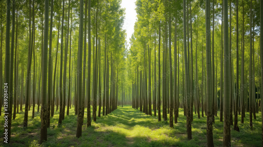 Naklejka premium Tall, Straight Trees Towering in a Bright Summer Forest, With Sunlight Filtering Through the Canopy, Creating a Serene Backdrop That Offers Ample Space for Creative Additions