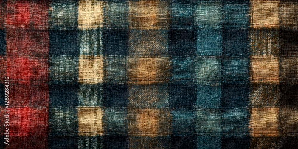 Checkered fabric texture showing red, beige and blue squares Checkered fabric texture showing red, beige and blue squares