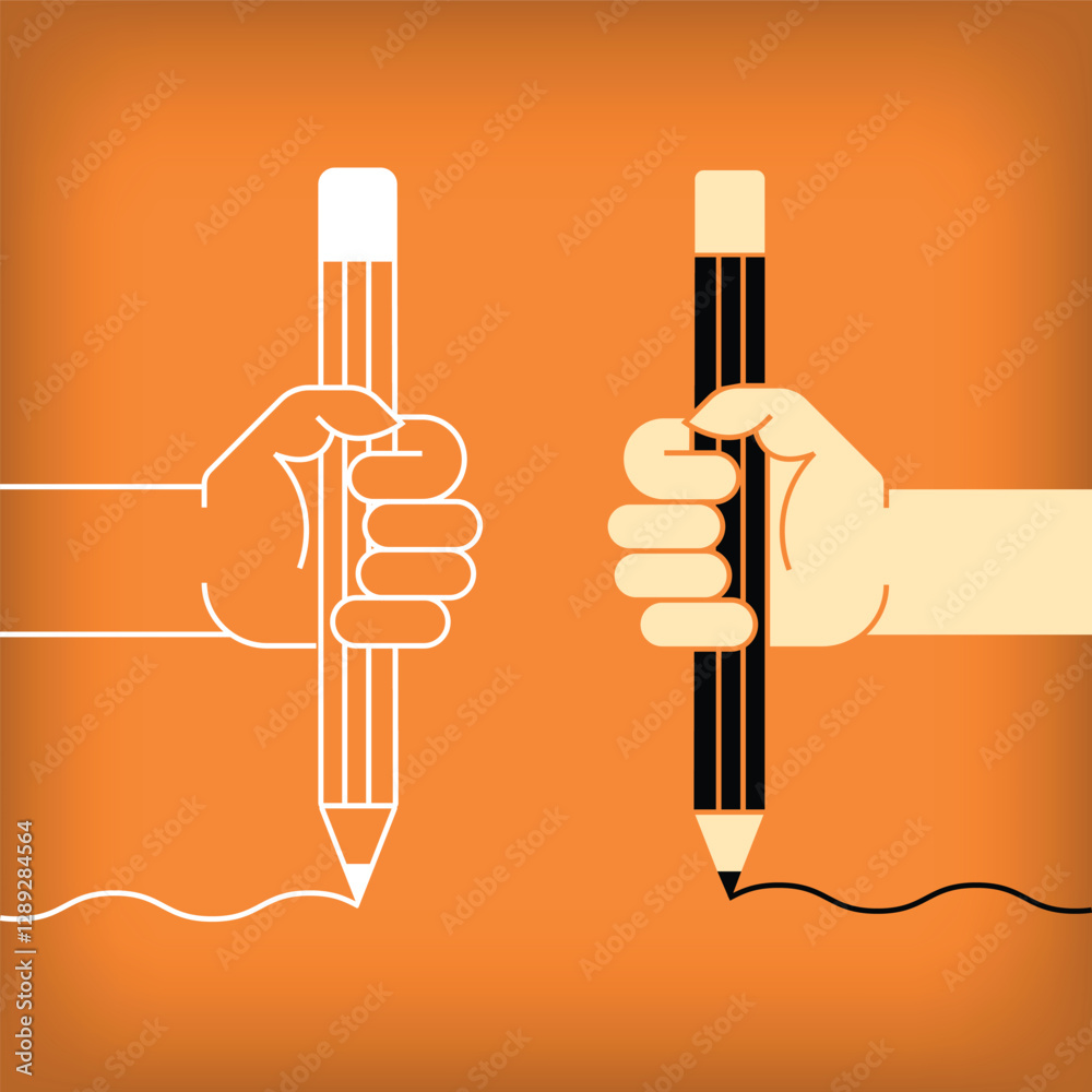 Fototapeta premium Modern linear and flat pencil holding hand design. Artistic concept template.