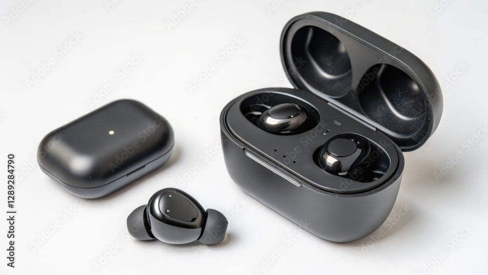 Wireless Earbuds and Charging Case on White Background Wireless Earbuds and Charging Case on White Background