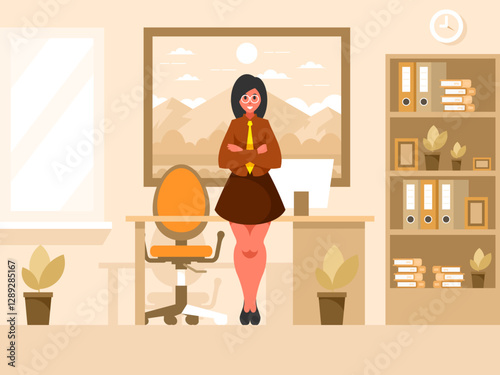 Female boss in the office. Businesswoman stands with arms crossed on chest. Standing confident woman in a suit and tie. Student study room. Executive office space. Vector graphics