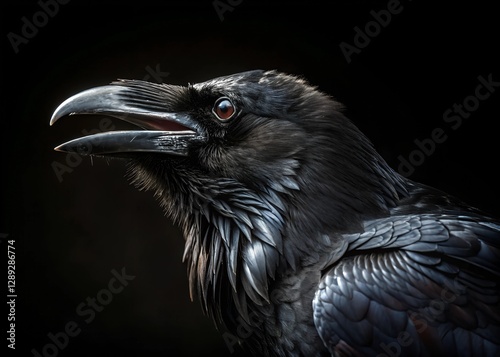 Close-up portrait of a black raven. Intense raven profile showcasing glossy feathers and sharp features against dark background. Close up of dark raven