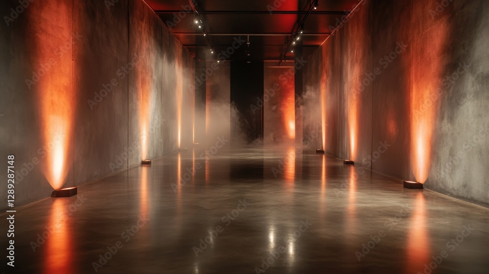 Naklejka premium A striking minimalist hallway enhanced with artistic red and orange lighting effects, creating an ethereal atmosphere that captivates the viewer's attention and curiosity.