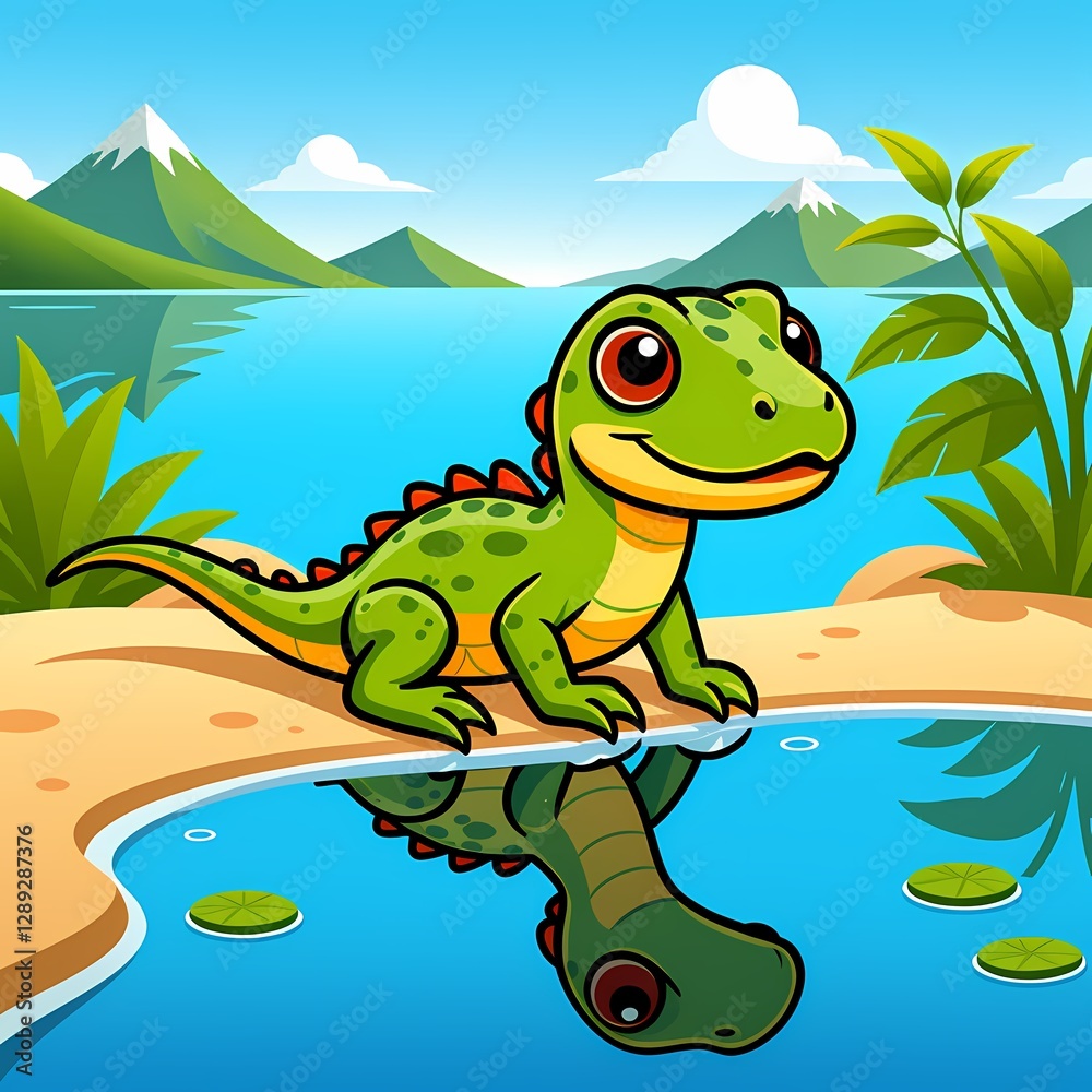 Fototapeta premium Cheerful cartoon lizard by a lakeside with mountains in the background 