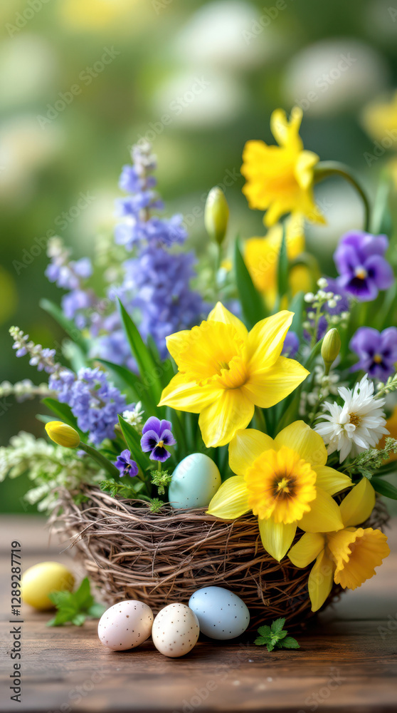 Spring Floral Arrangement with Daffodils and Pansies in Rustic Nest with Quail Eggs on wooden table. Easter floral festive decorations Spring Floral Arrangement with Daffodils and Pansies in Rustic Nest with Quail Eggs on wooden table. Easter floral festive decorations
