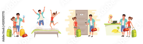 Happy Couple Enjoying Summer Vacation Together Having Honeymoon Trip Vector Set