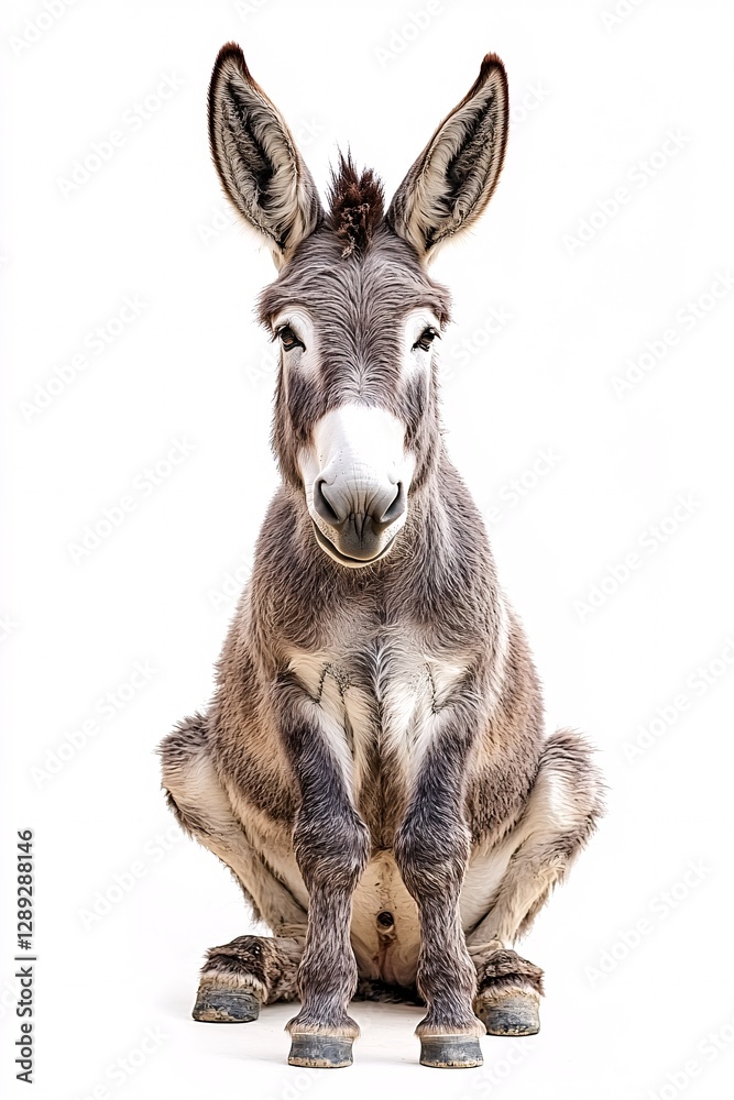 Fototapeta premium Donkey with Floppy Ears Sitting Gracefully on White Background