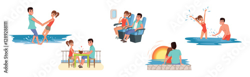 Happy Couple Enjoying Summer Vacation Together Having Honeymoon Trip Vector Set